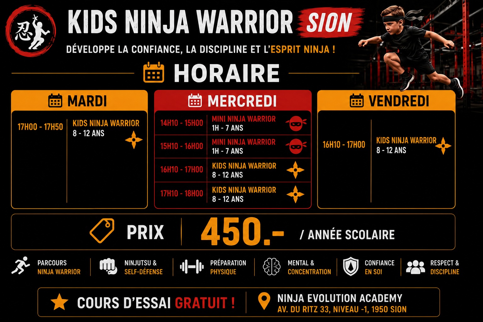 Horaires Kids Ninja Warrior Sion