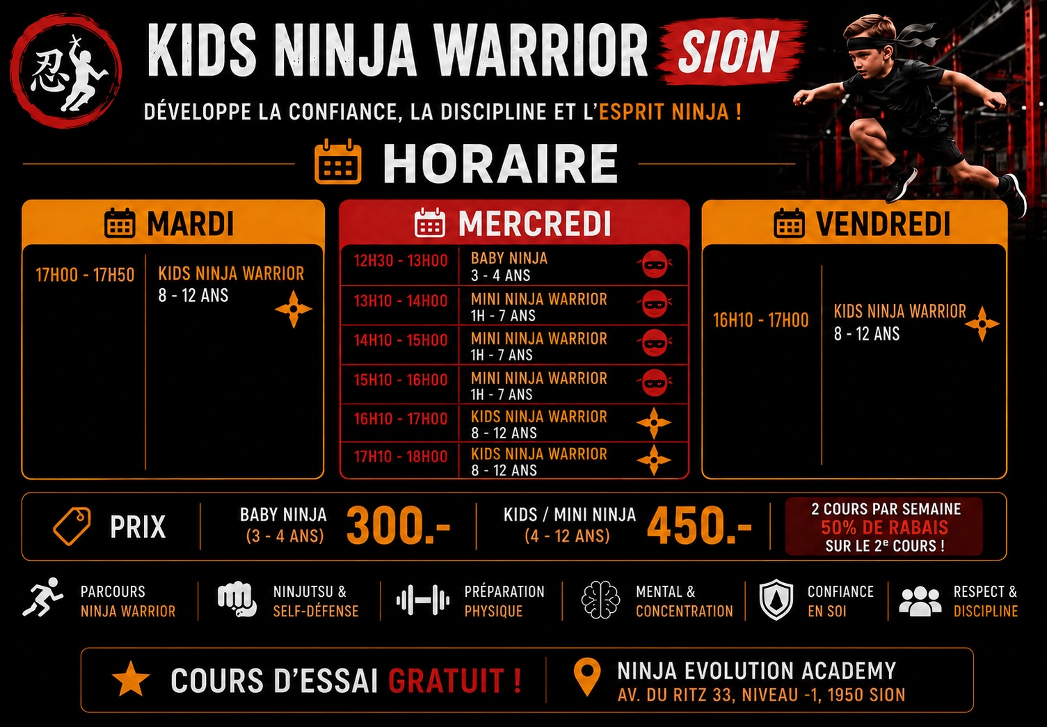 Horaires Kids Ninja Warrior Sion