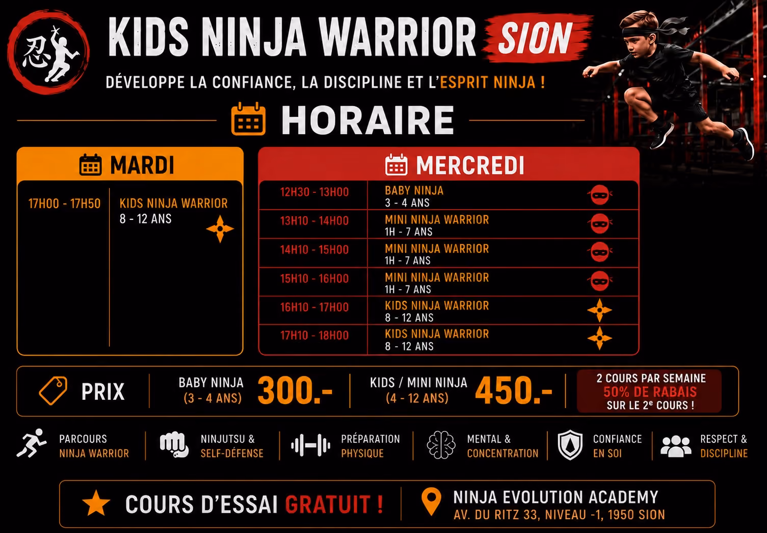 Horaires Kids Ninja Warrior Sion