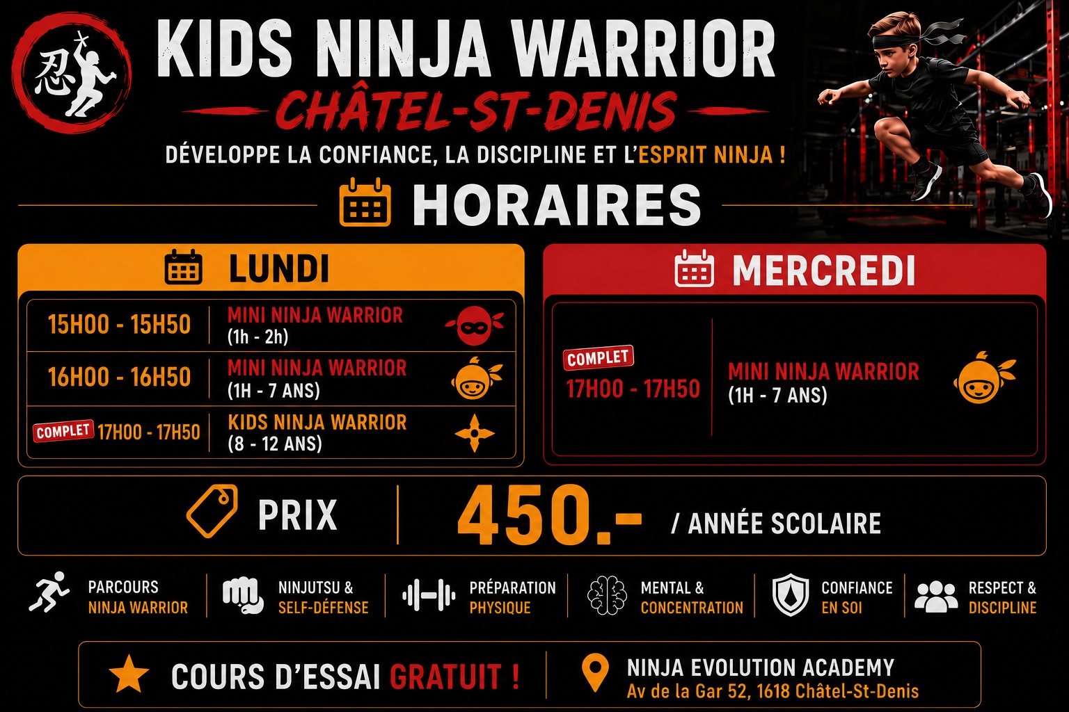 Horaires Kids Ninja Warrior Châtel-St-Denis