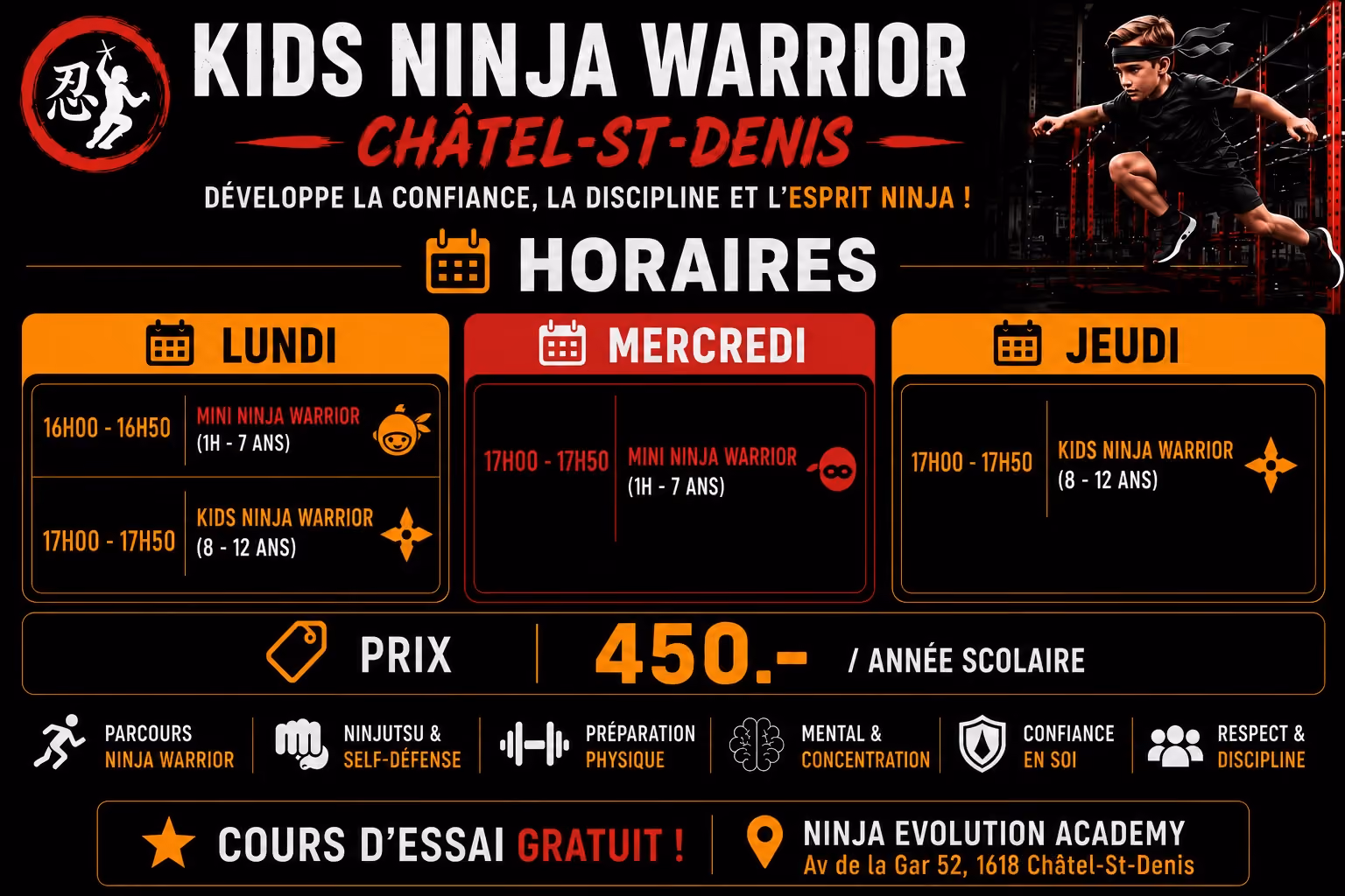 Horaires Kids Ninja Warrior Châtel-St-Denis