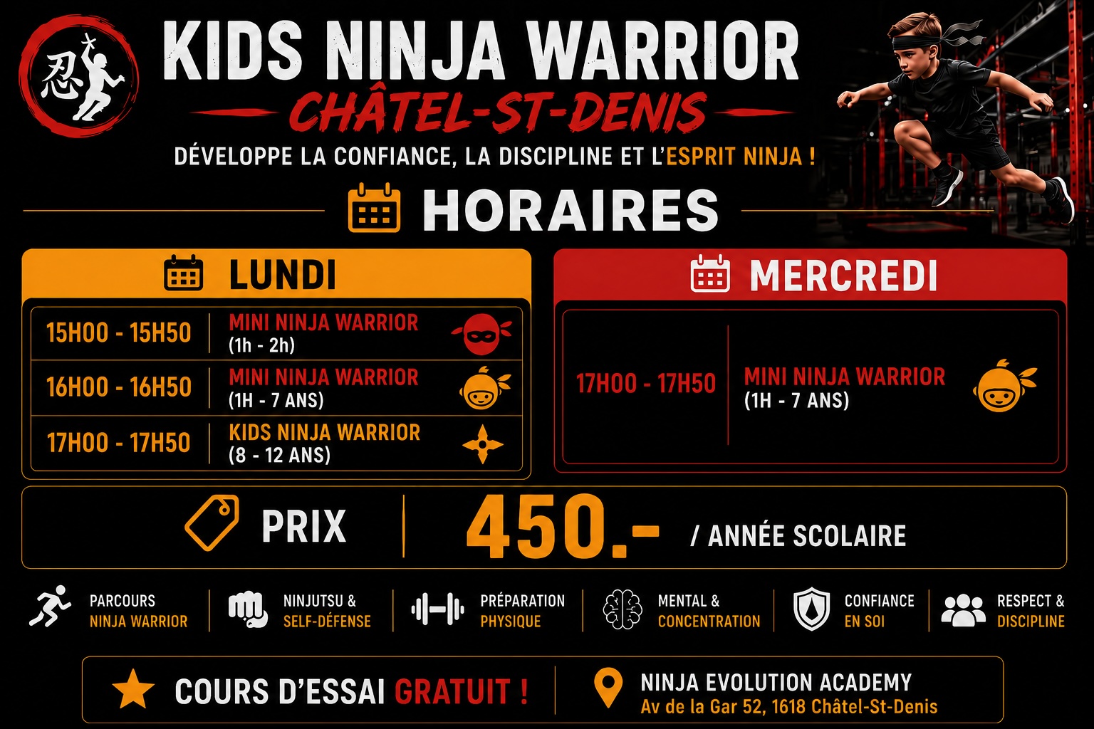 Horaires Kids Ninja Warrior Châtel-St-Denis