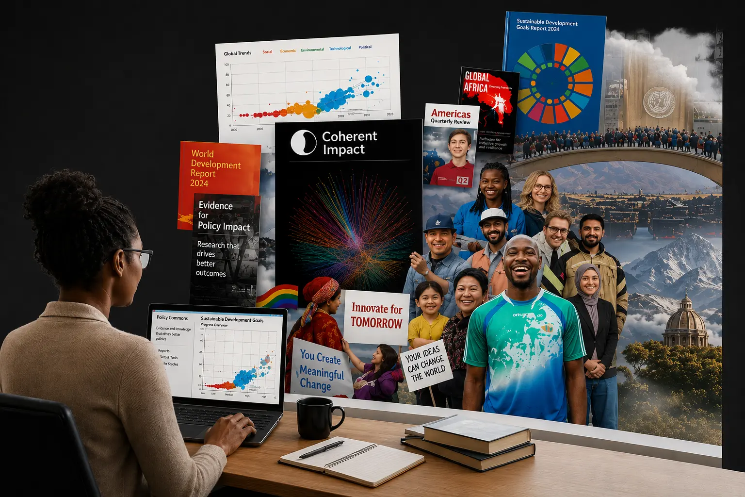 A woman at her desk in front of a collage of magazines, research reports, data visualizations, and people whose work and lives the research record represents.