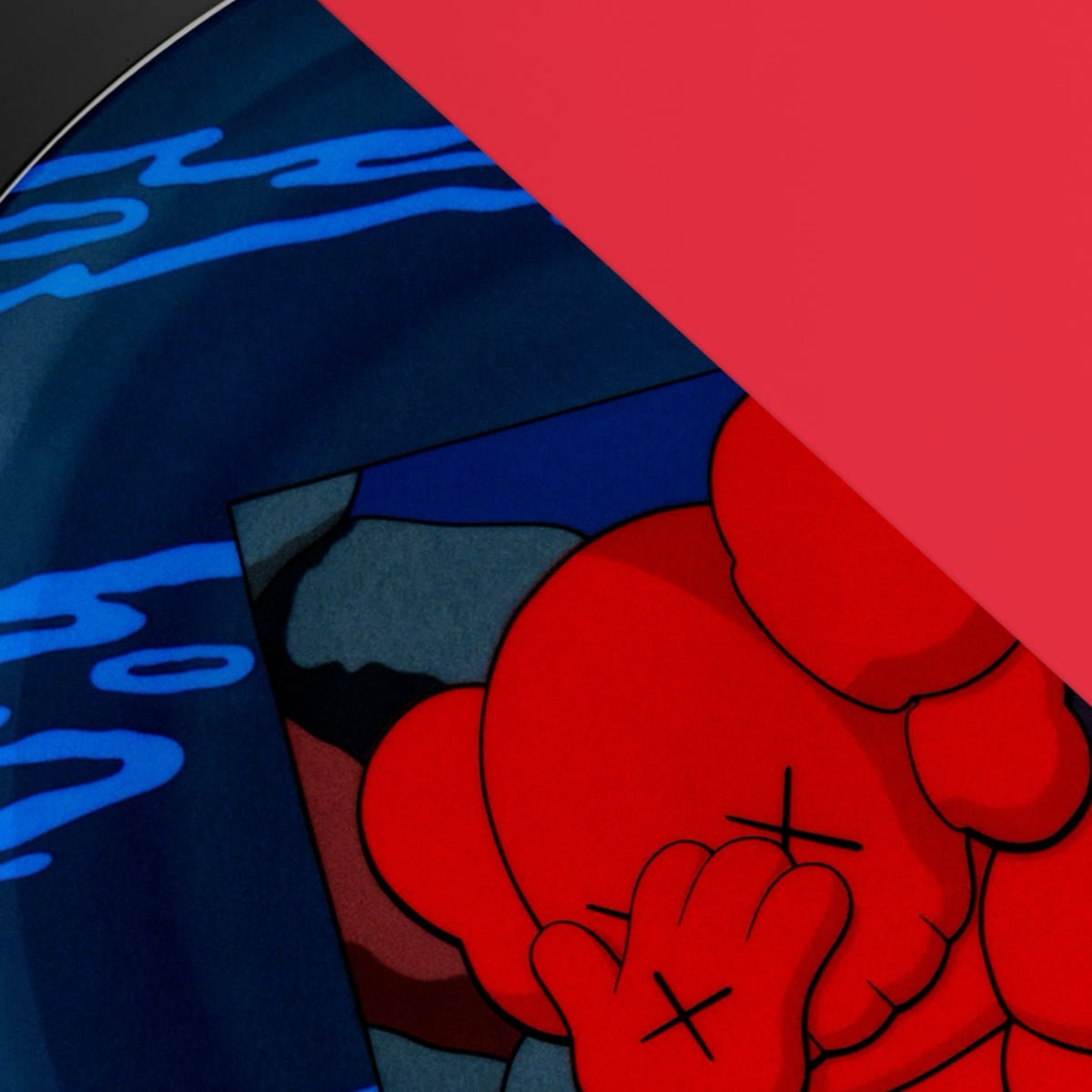 Closeup of KAWS plate with KAWS character in blue water