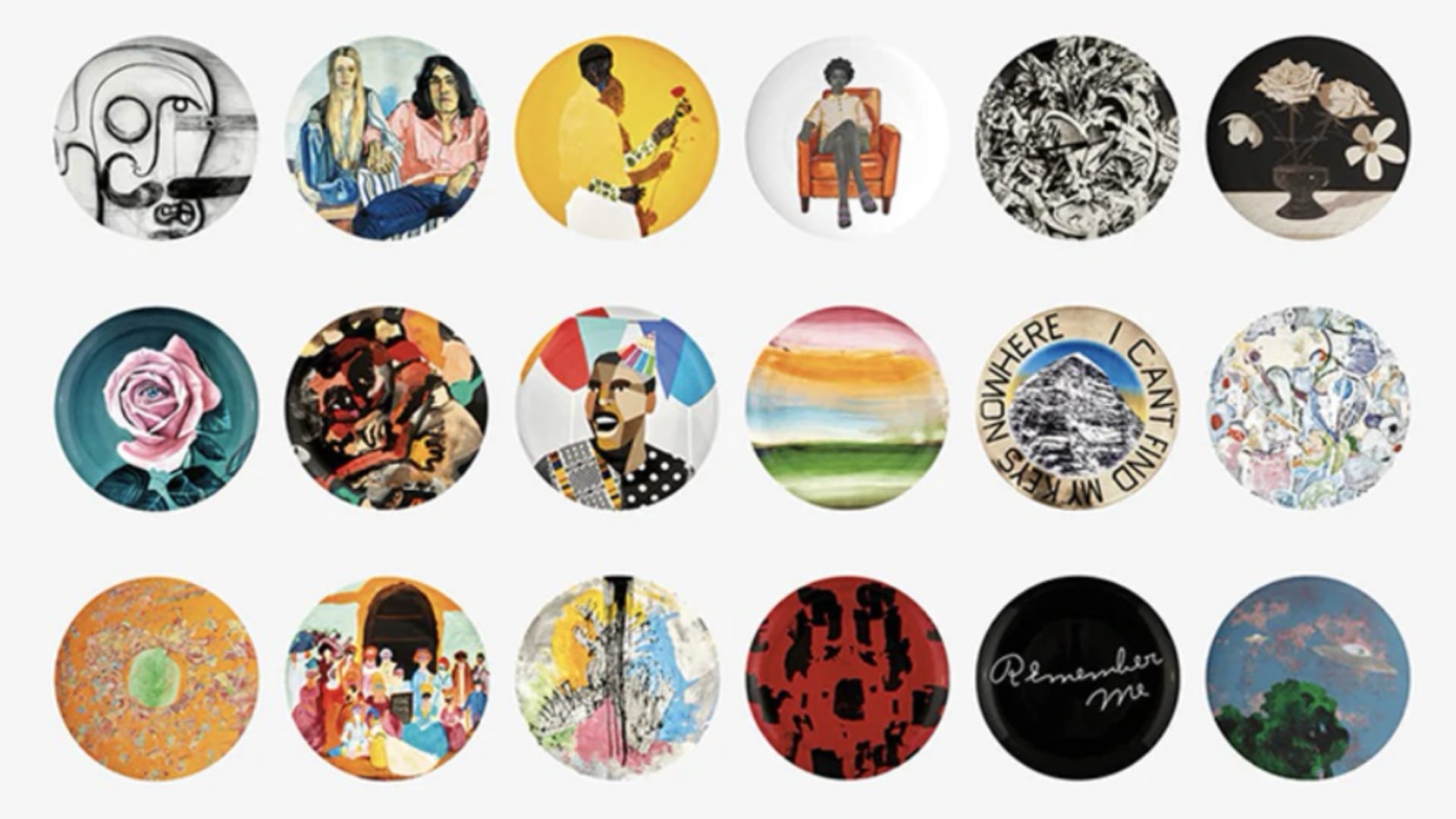Wide screen photo of all decorative plates on white background in a grid