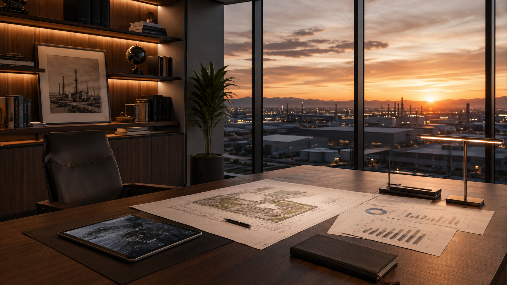 Executive office with architectural plans, graphs on desk, and cityscape sunset view through windows.
