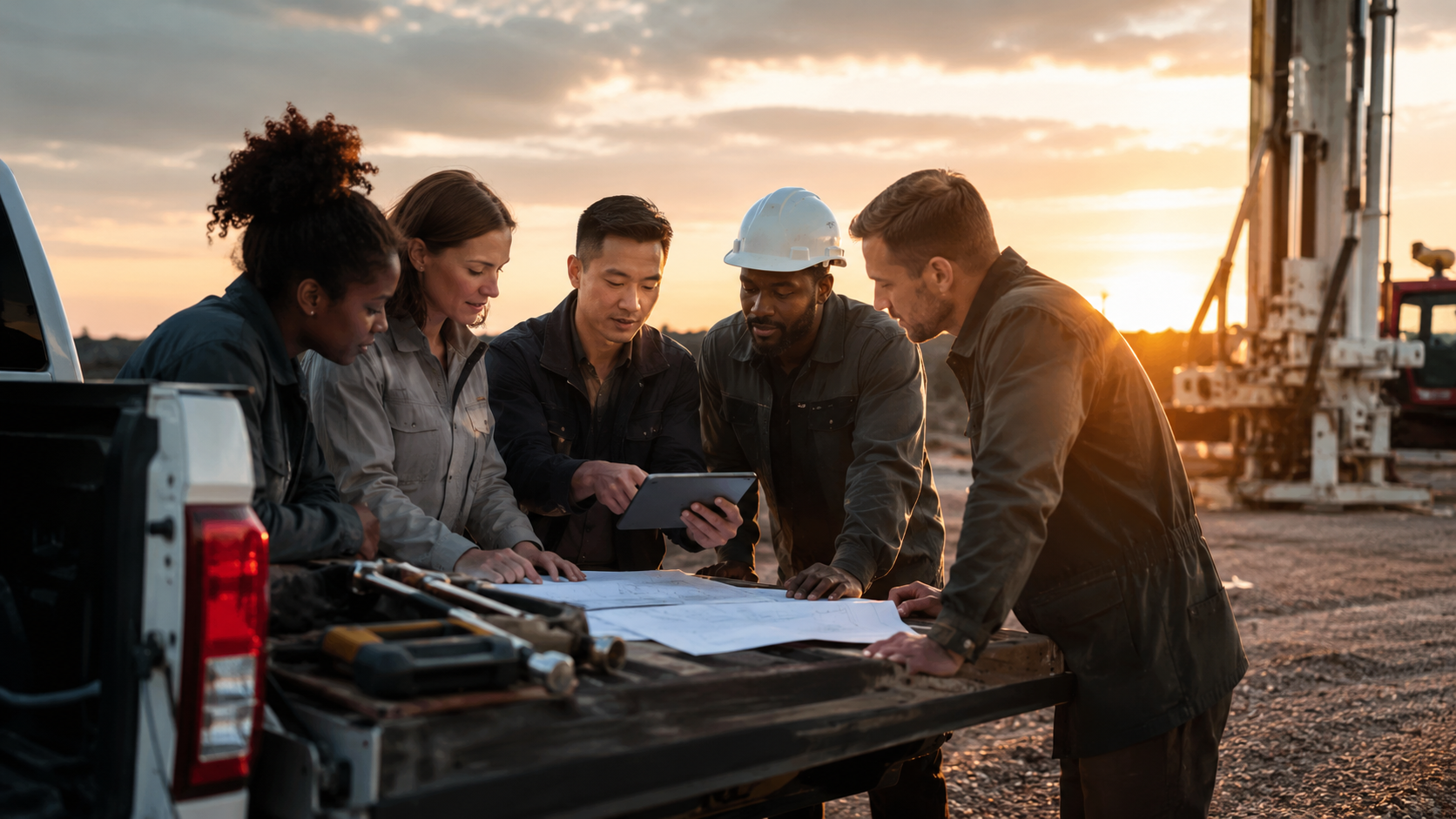 Five construction workers gathered around a truck bed looking at plans and a tablet at sunset.