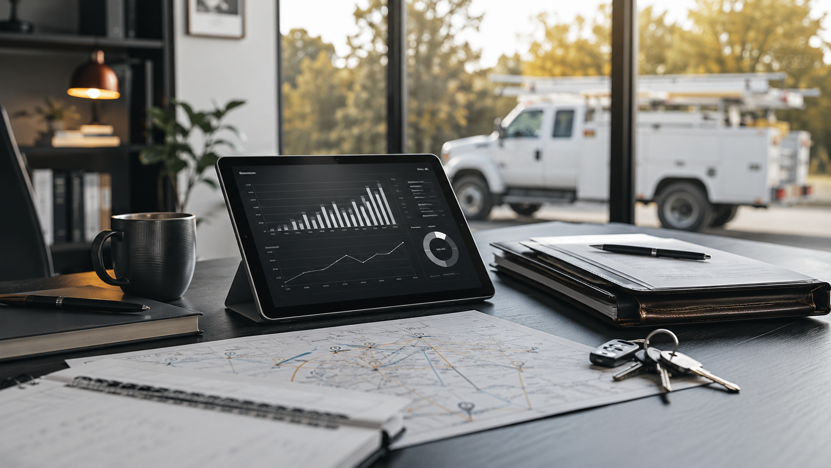 Office desk with tablet showing graphs, maps, keys, notebook, pen, and a white utility truck outside.