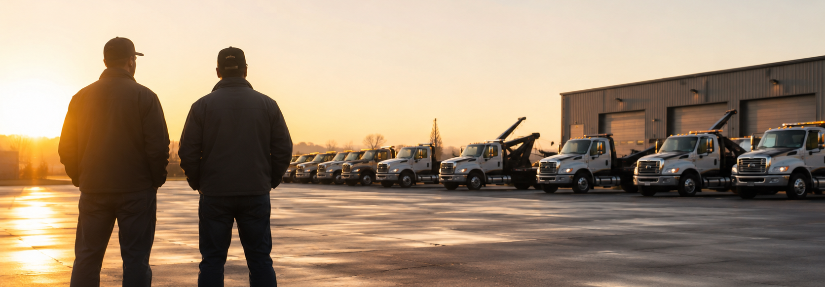 Two men in jackets and caps stand facing a row of white tow trucks parked by a warehouse at sunrise.