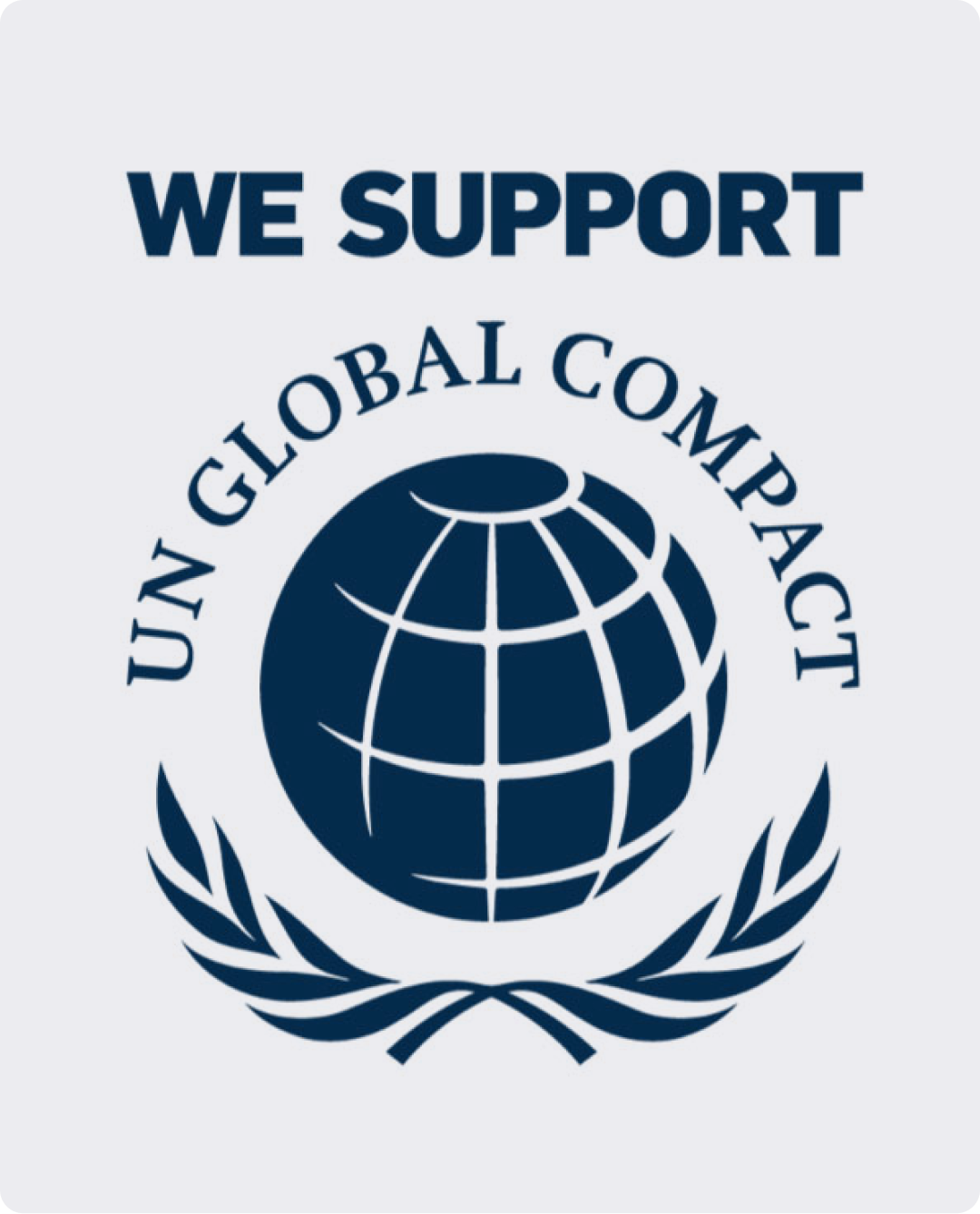 Text we support UN Global Compact with a globe and laurel wreath emblem below.