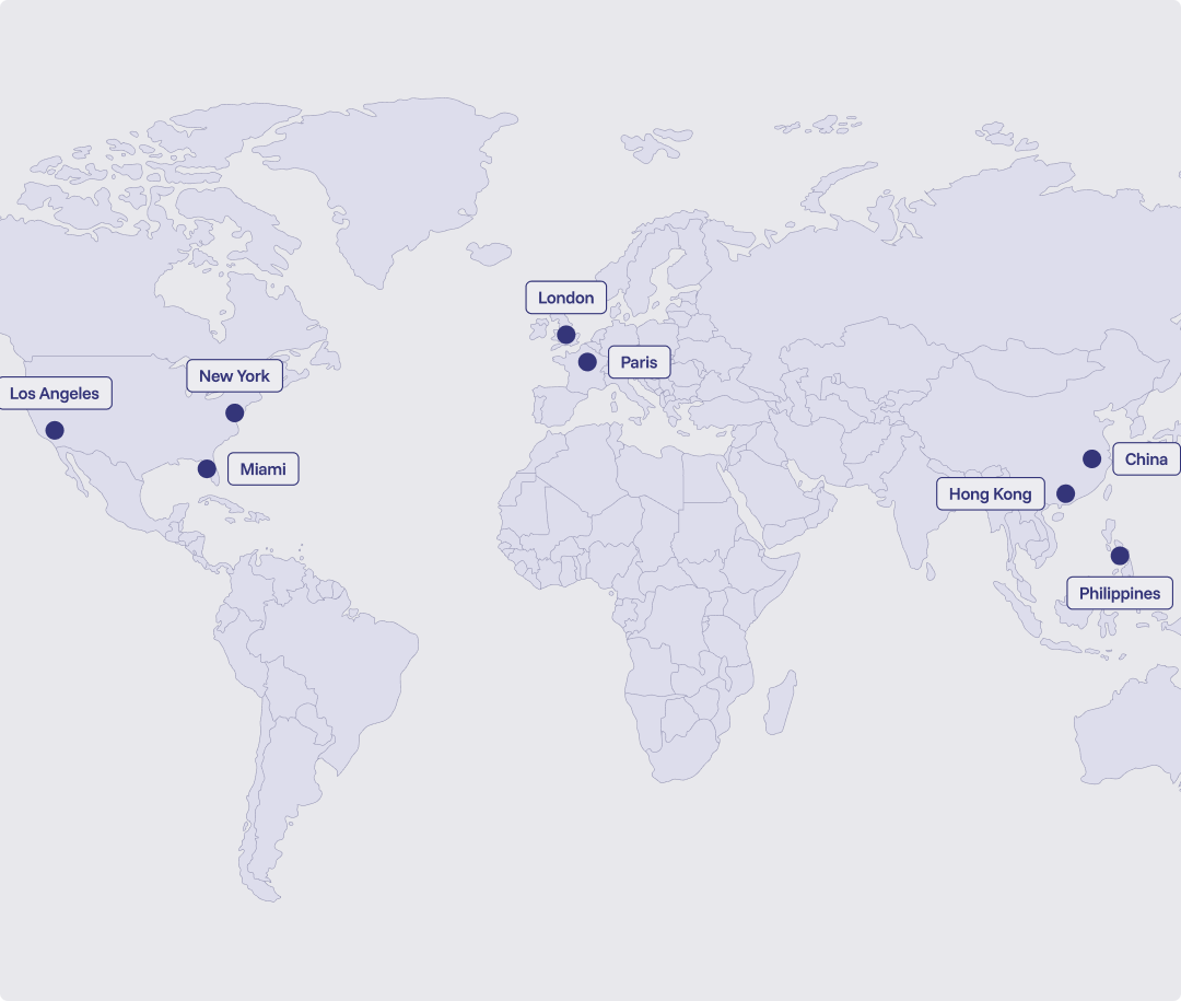 World map showing marked locations: Los Angeles, New York, Miami, London, Paris, China, Hong Kong, Philippines.