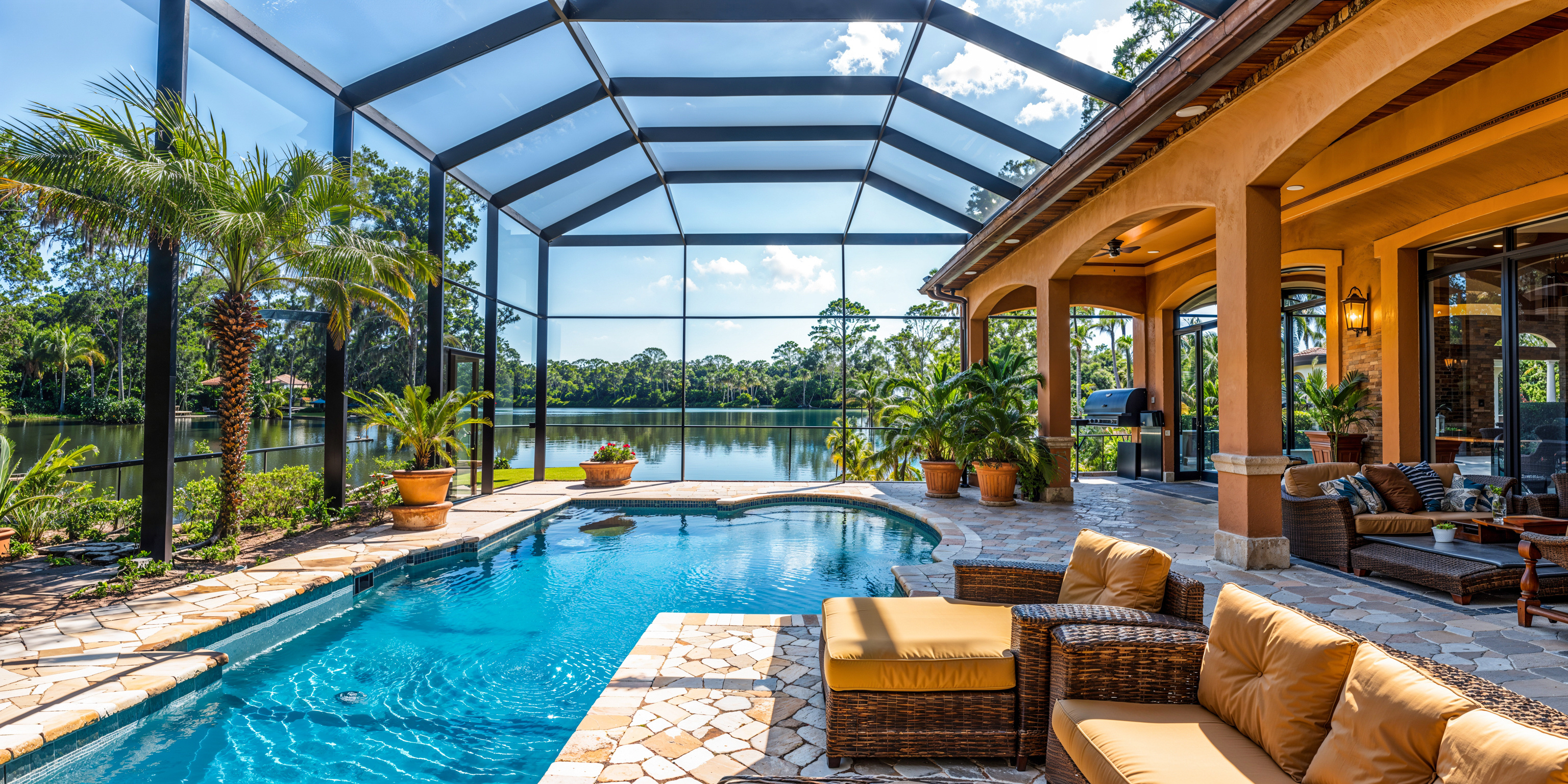 Screen-enclosed pool with lounge chairs, patio furniture, potted plants, and lake view in the background.