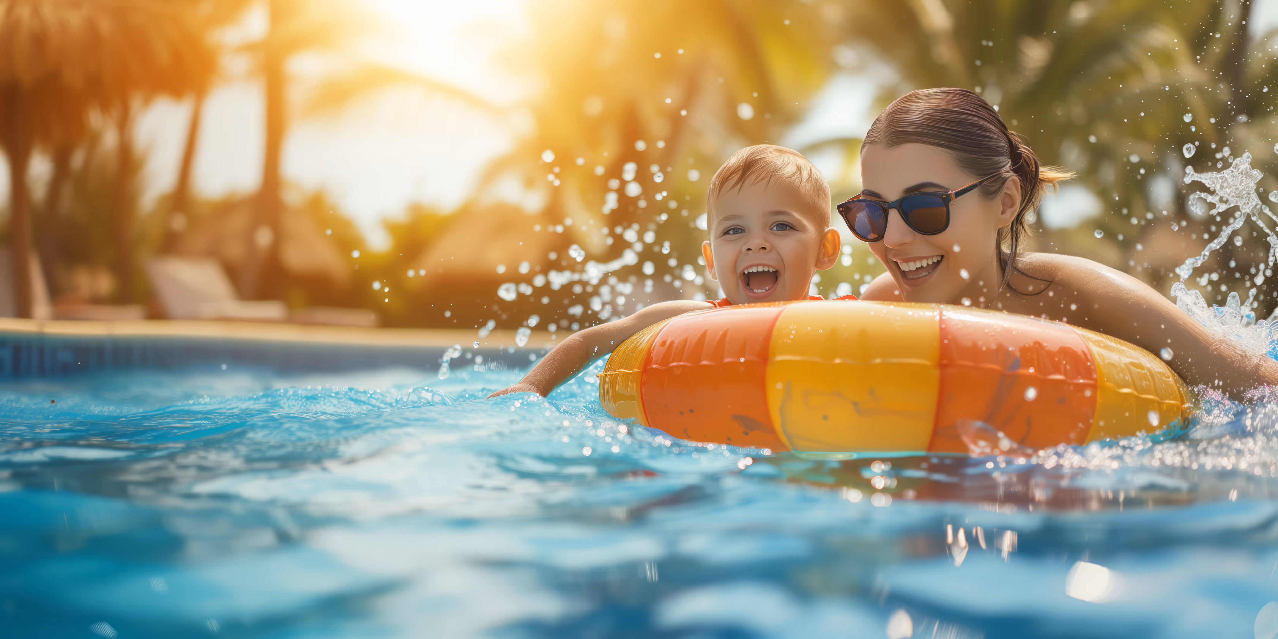 Smiling child and woman in sunglasses playing with an orange and yellow float in a sunny pool.