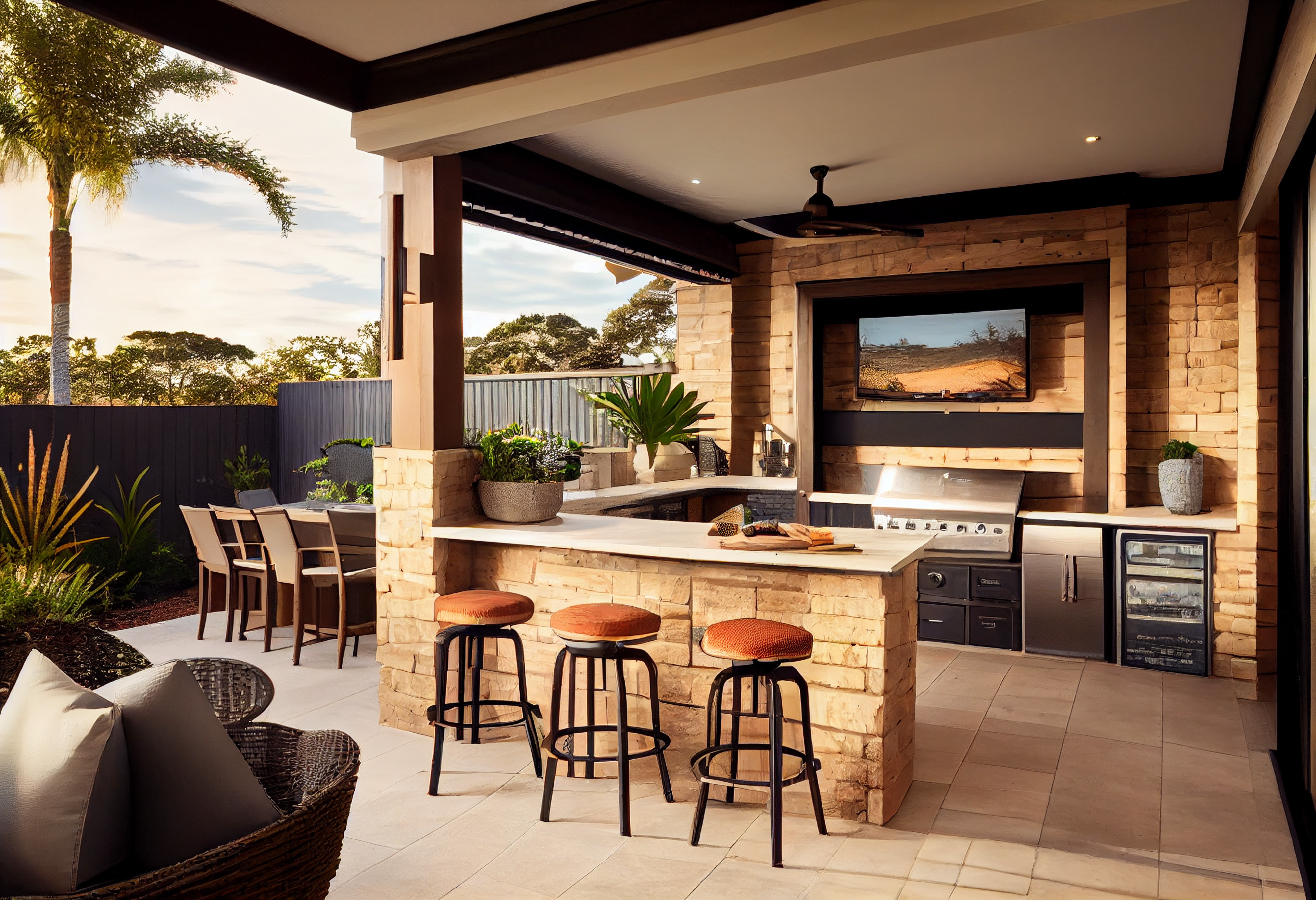 Outdoor kitchen with stone counters, bar stools, grill, dining table, TV, and tropical plants under covered patio.