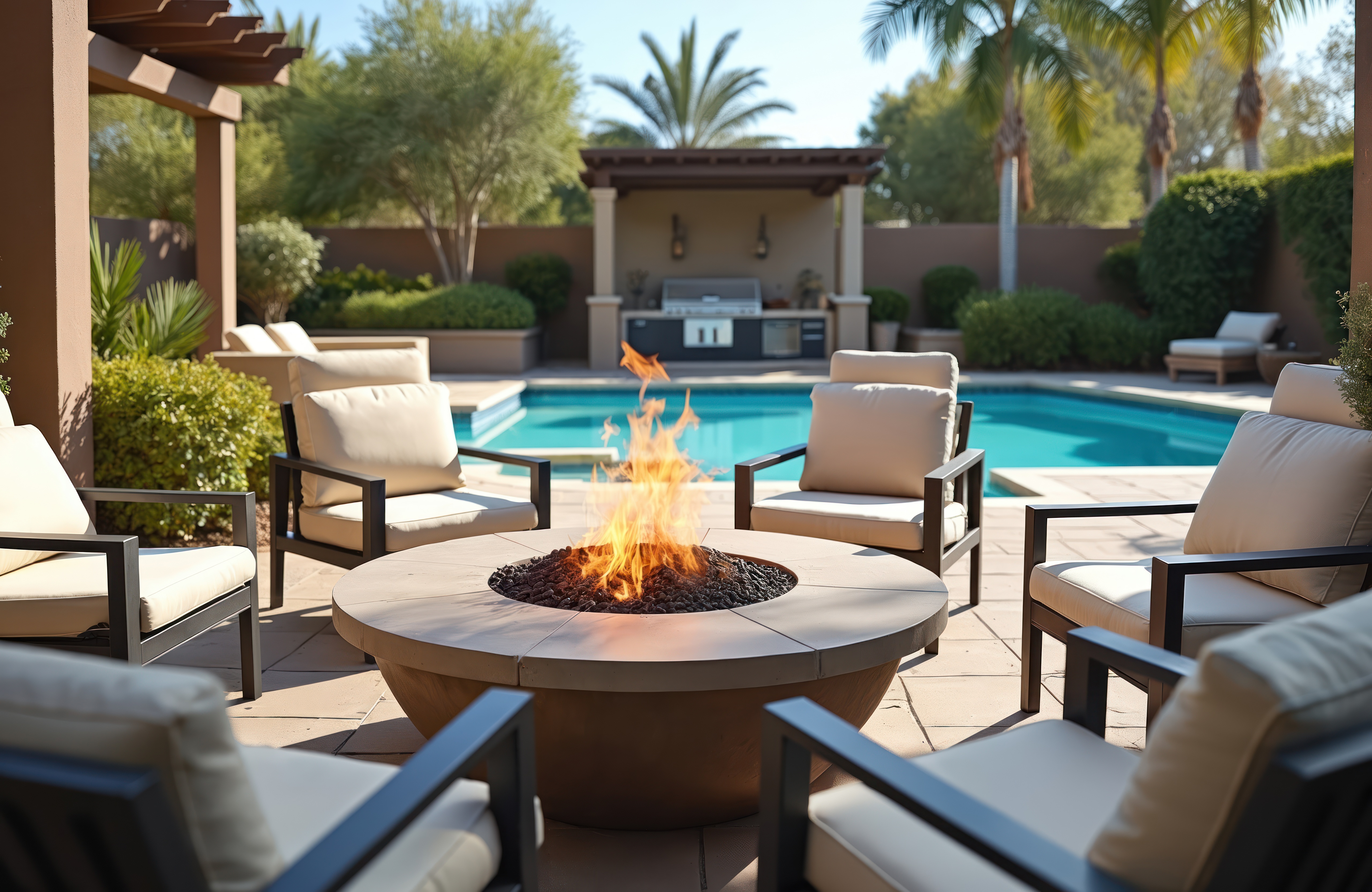 Outdoor firepit surrounded by cushioned chairs near pool with shaded grill area and palm trees.
