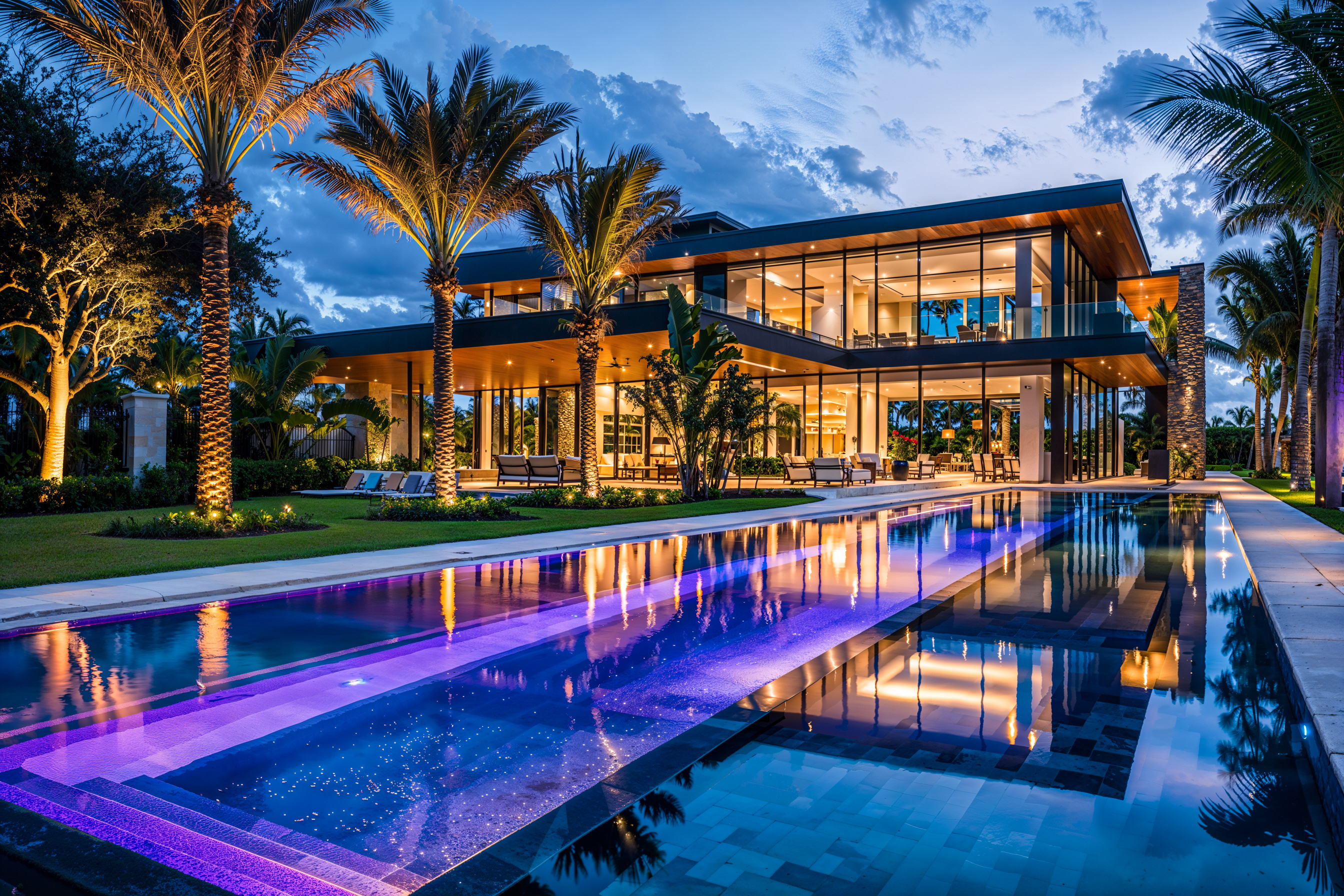 Modern two-story house with large glass windows and a lit swimming pool at dusk surrounded by palm trees.