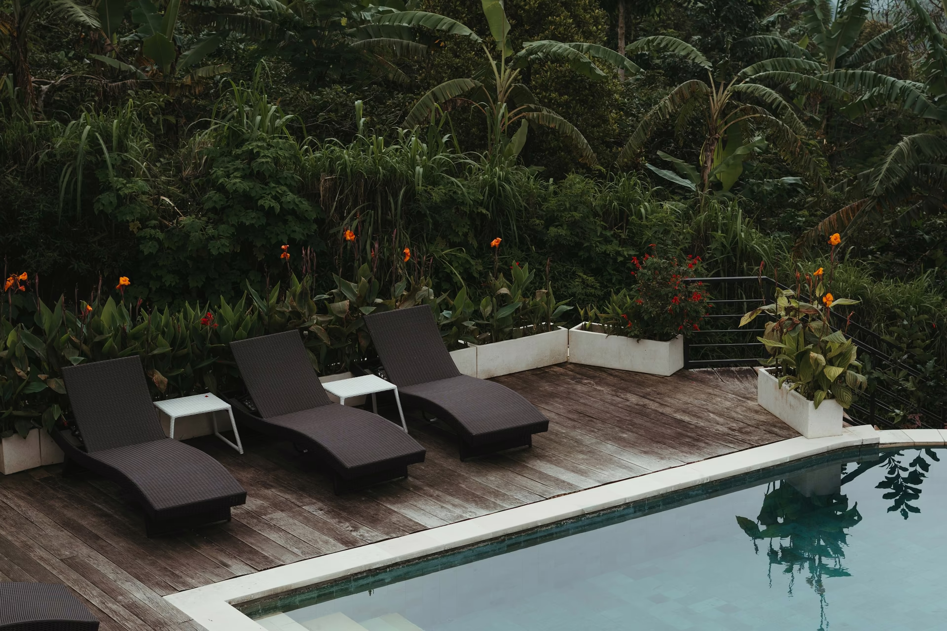 Three dark lounge chairs on wooden deck beside pool with lush green plants and flowers behind.