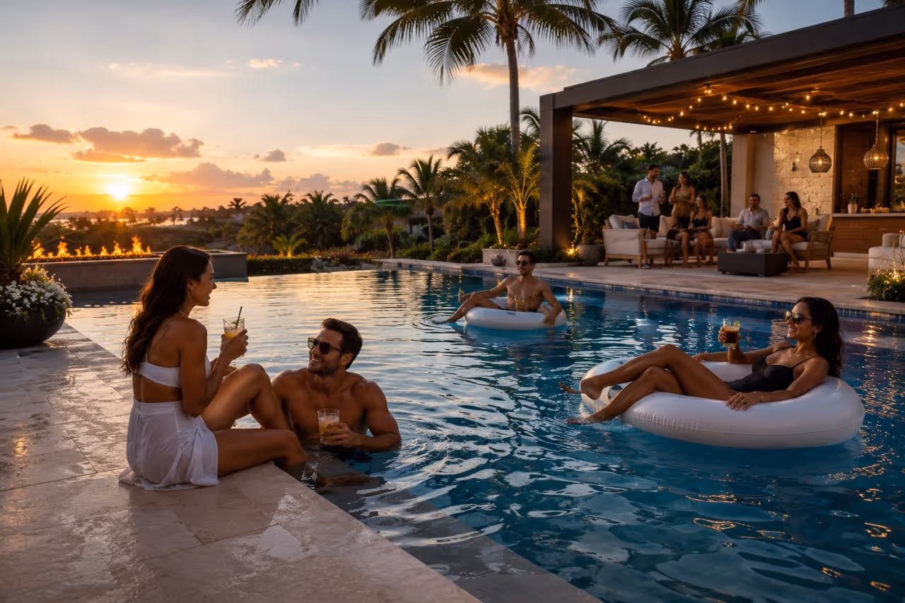 People relaxing and drinking by a pool at sunset with palm trees and outdoor seating.