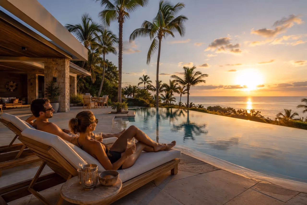 Couple relaxing on pool loungers with drinks, watching palm trees and sunset over the ocean.