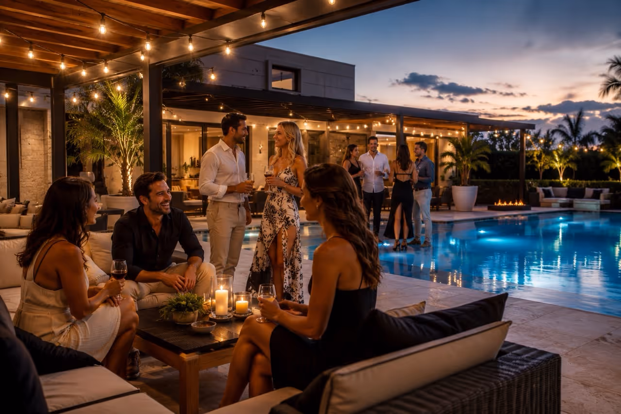 Group of friends socializing by a lit pool with candles and string lights at sunset.