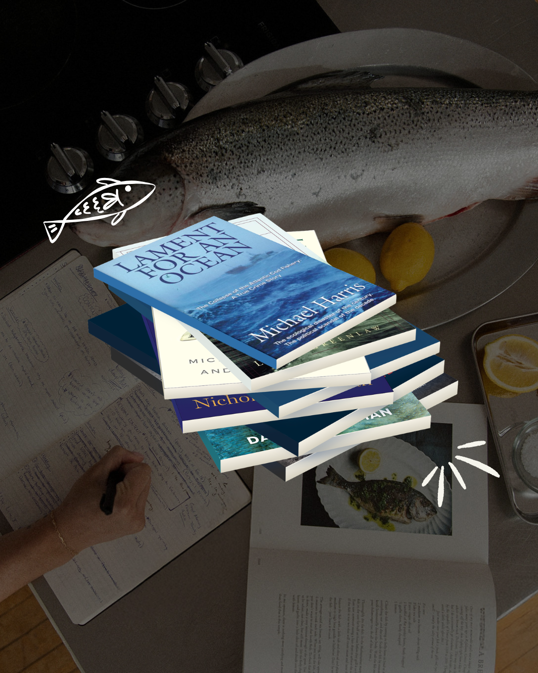 Stack of seafood books selected by a fisheries scientist