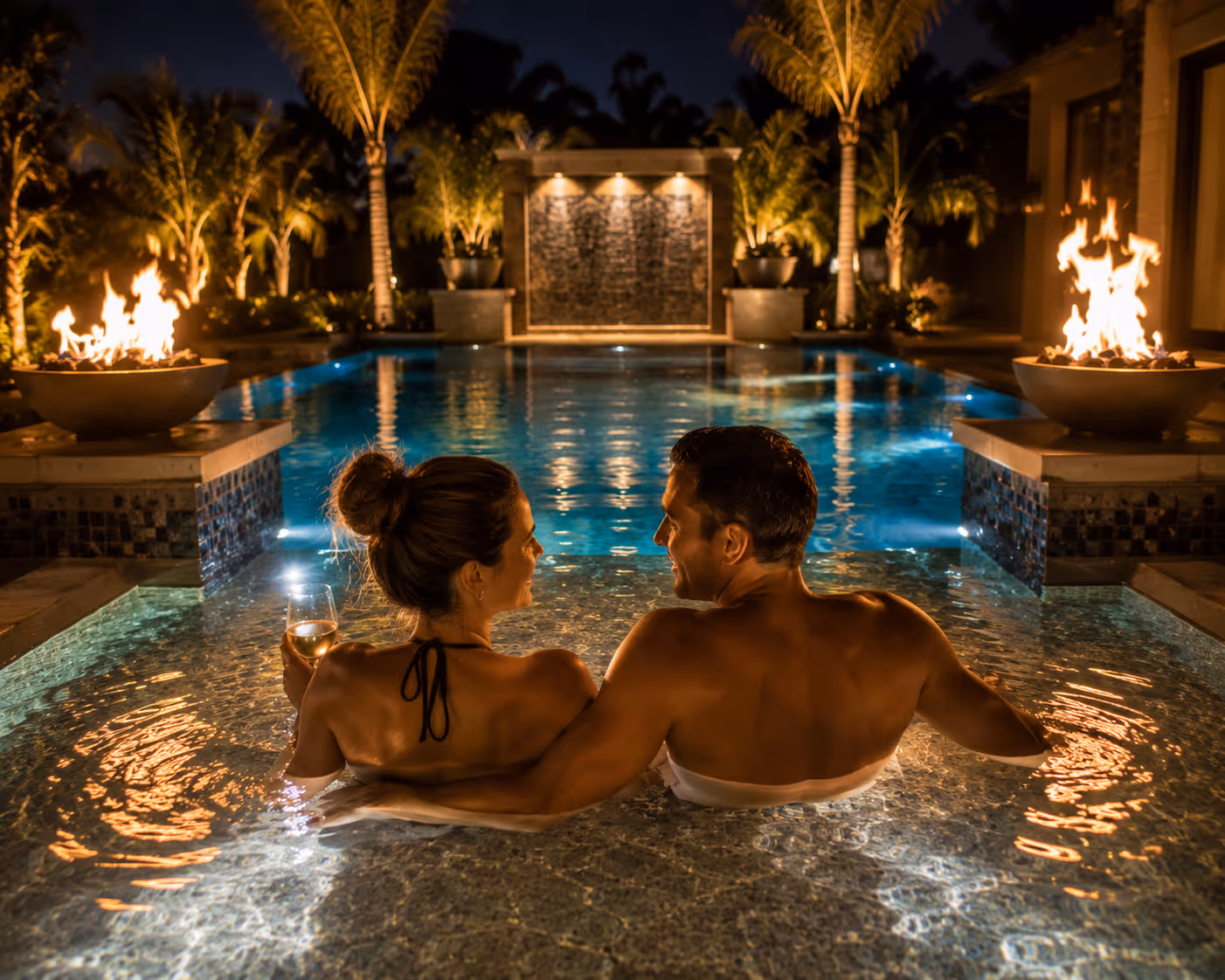 Couple relaxing in illuminated pool with fire bowls at night