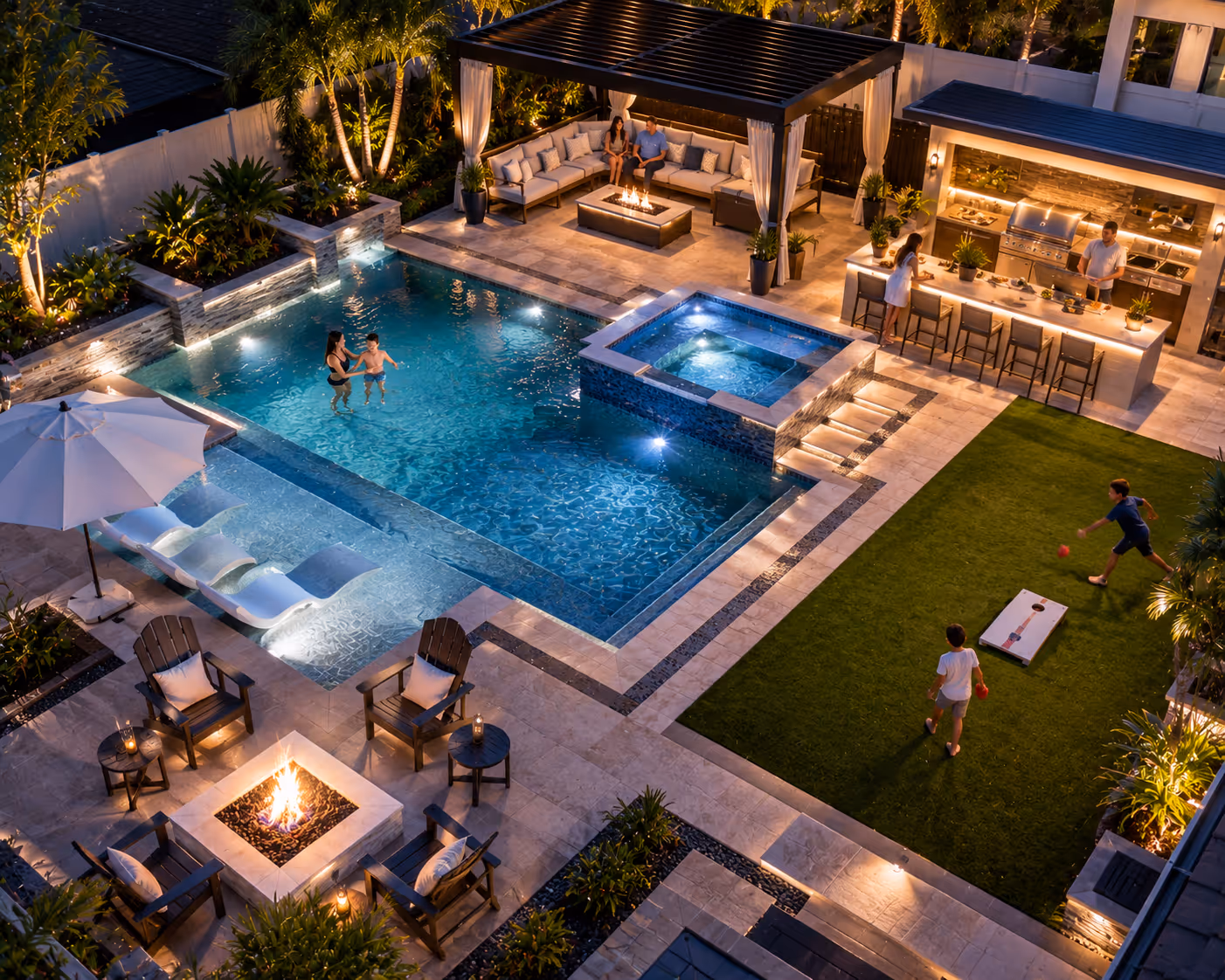 Modern backyard with pool, hot tub, fire pit and outdoor kitchen