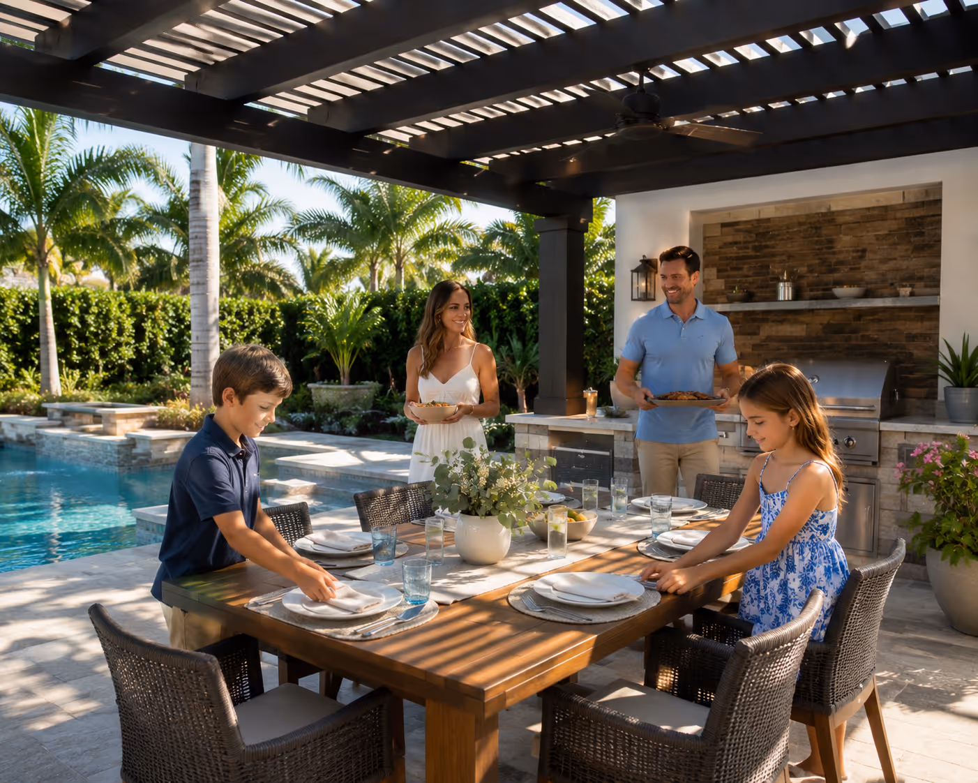 Family setting table for outdoor meal under pergola by pool