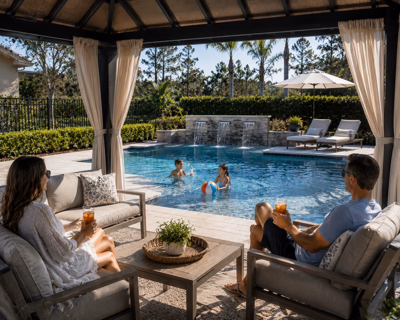 Kids playing with beach ball in pool, adults relax under shaded gazebo
