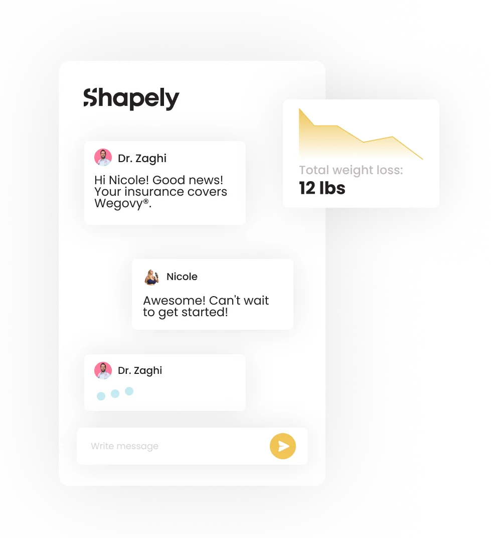 Shapely 24/7 support chat showing a doctor confirming Wegovy insurance coverage to a patient
