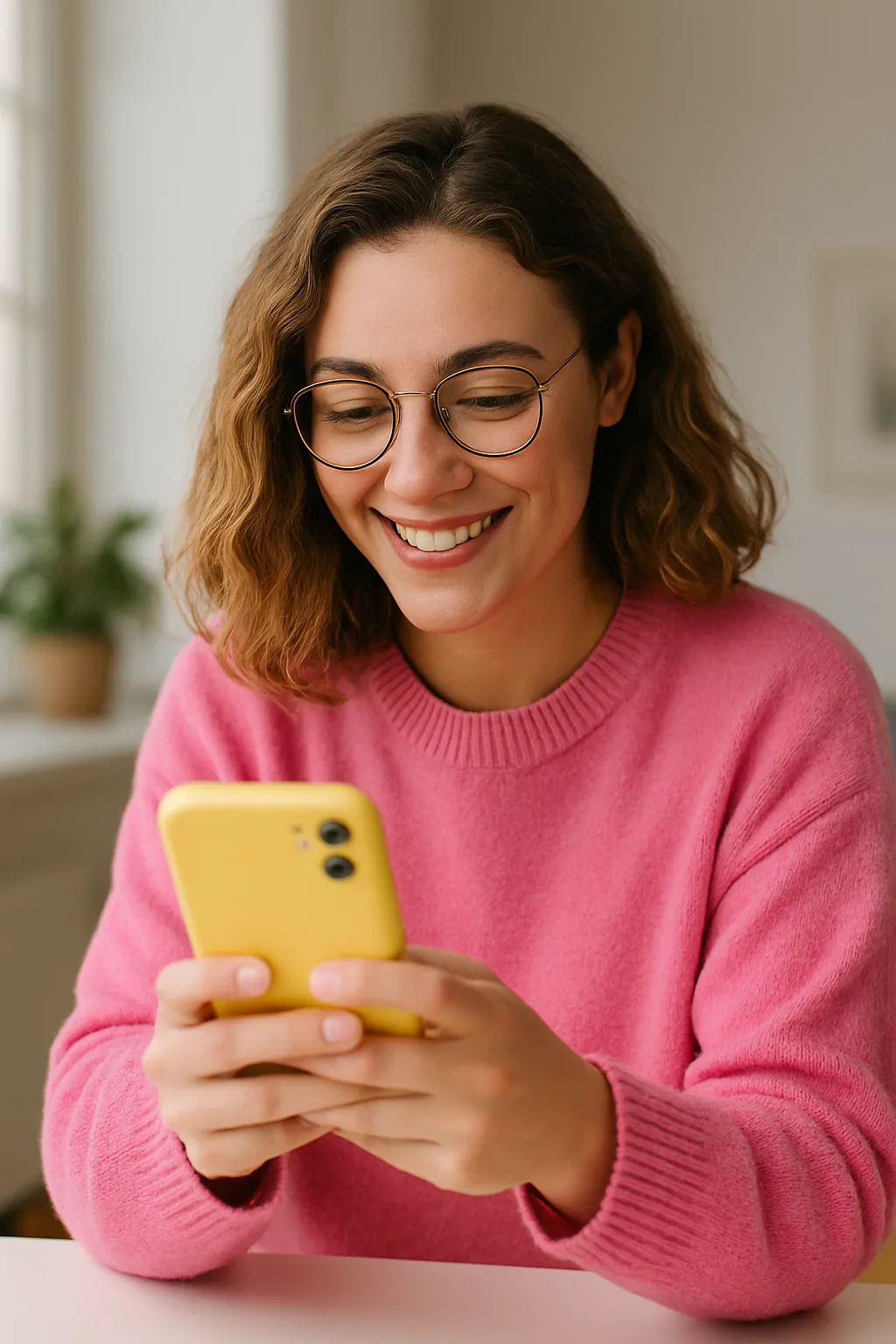 A woman smiling at her phone