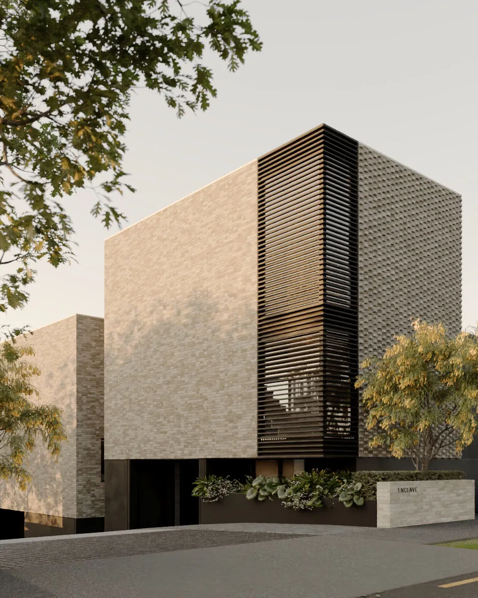 Enclave's street entrance on Riddell Road, with brick signage wall and timber-screened brick facade