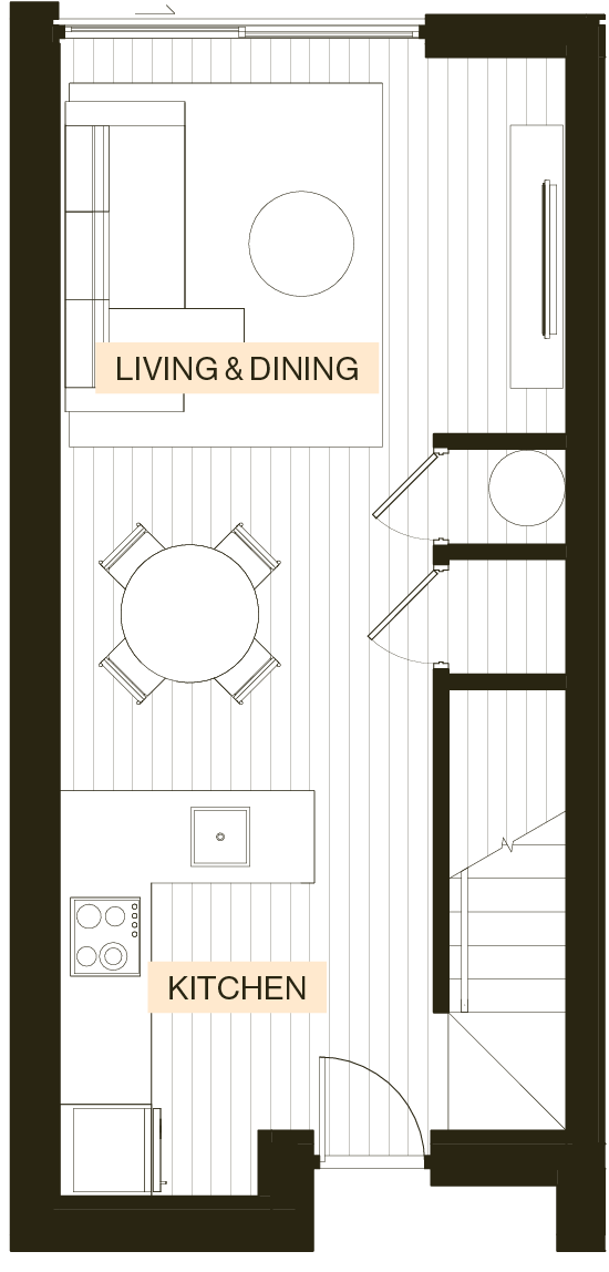 Ground floor plan of an Enclave Type F6 townhouse with kitchen, living and dining