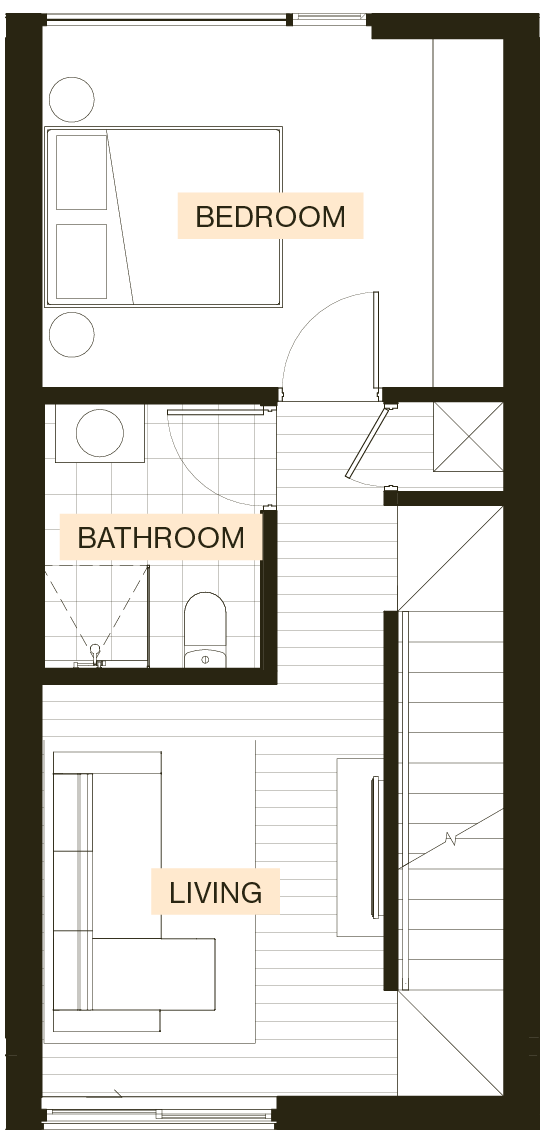 First floor plan of an Enclave Type F townhouse with a bedroom and bathroom