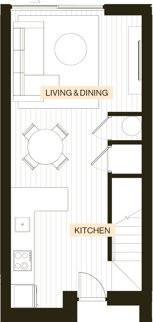 Ground floor plan of an Enclave Type F townhouse with living, kitchen and dining