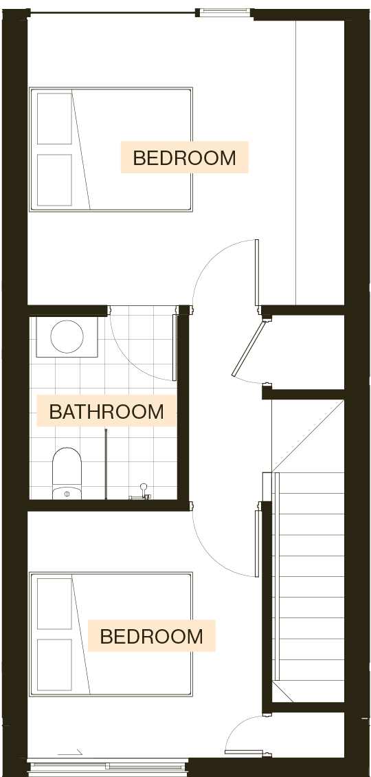 Second floor plan of an Enclave Type F townhouse with two bedrooms and two bathrooms