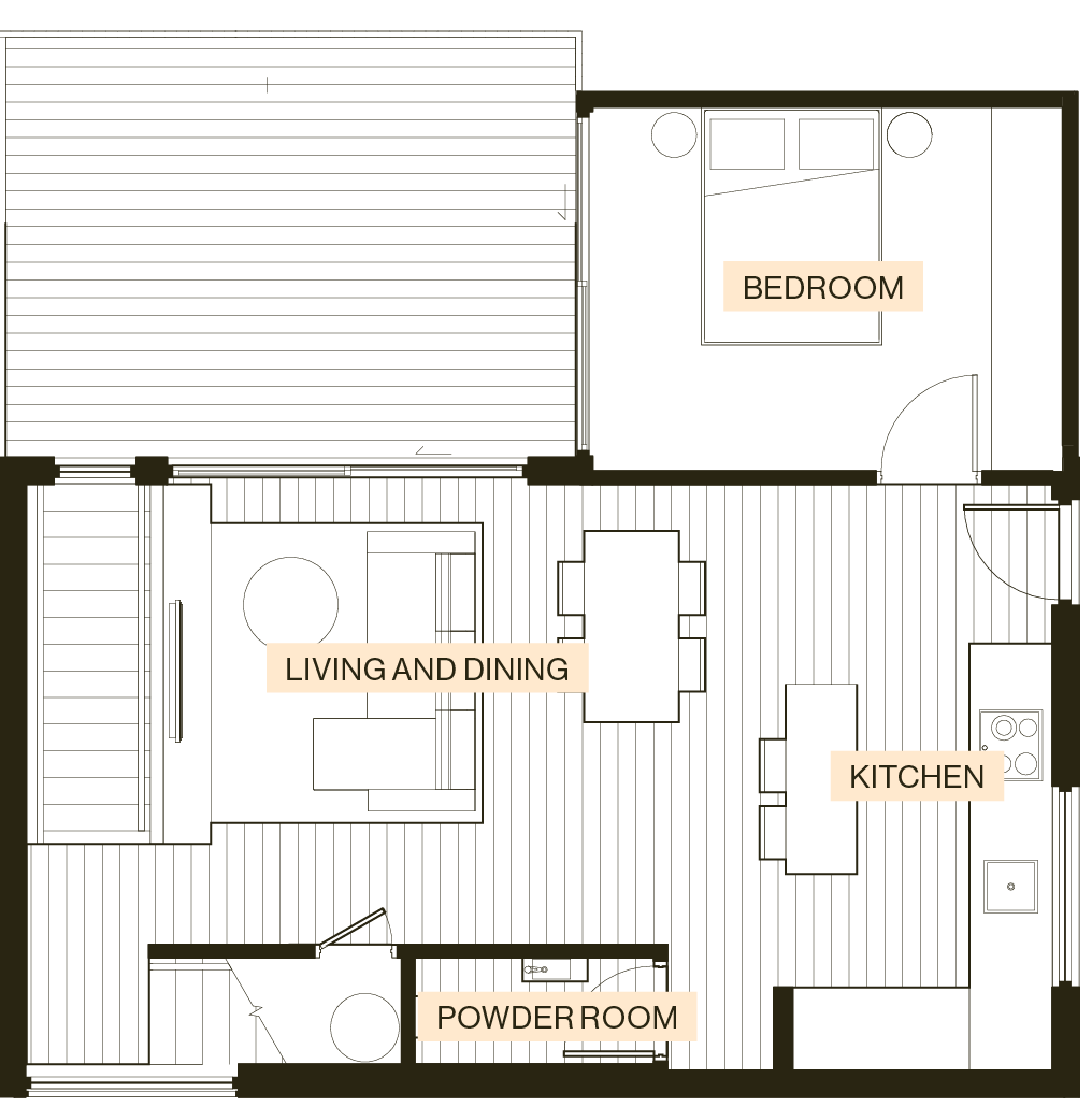 First floor plan of an Enclave Type A townhouse with a bedroom or living room and a bathroom