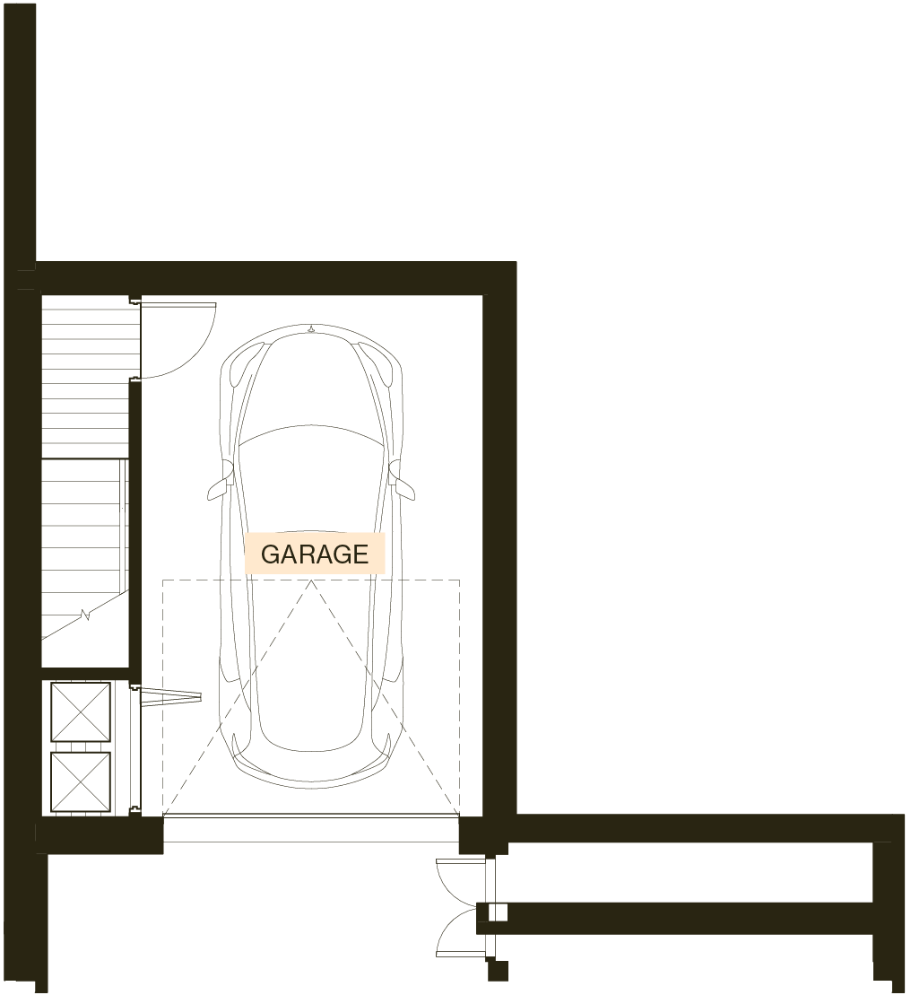 Ground floor plan of an Enclave Type A townhouse with living, kitchen-dining and powder room