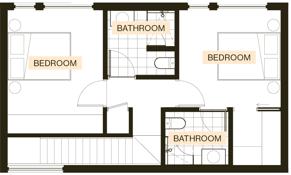 Second floor plan of an Enclave Type A townhouse with two bedrooms and two bathrooms