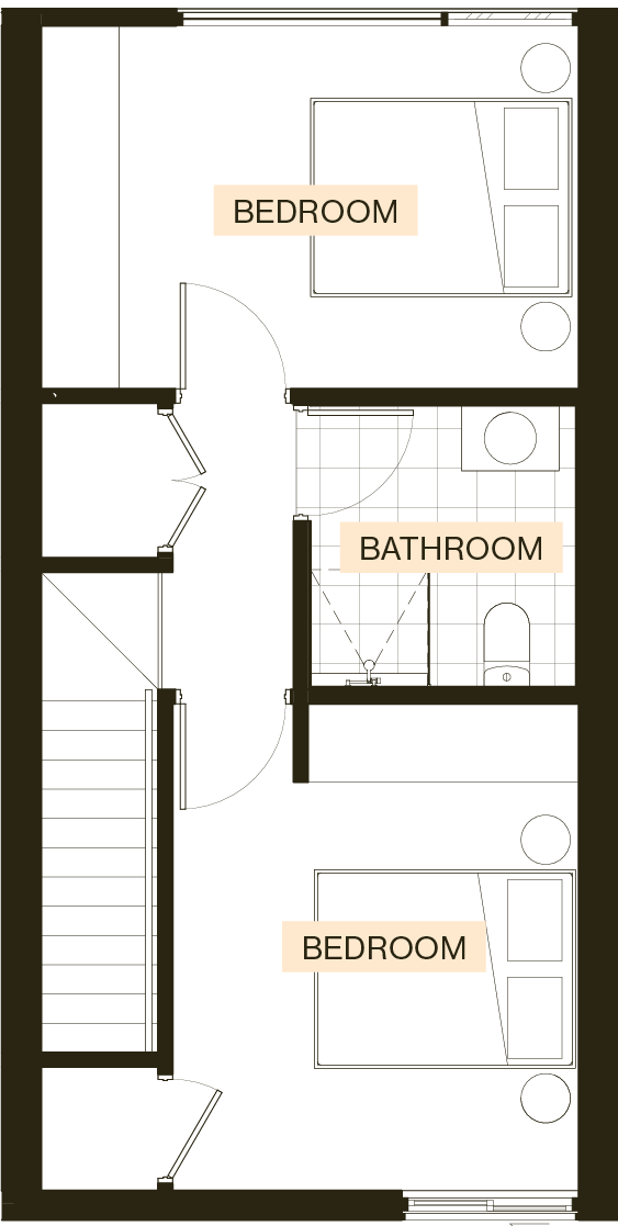 Second floor plan of an Enclave Type C townhouse with two bedrooms and two bathrooms