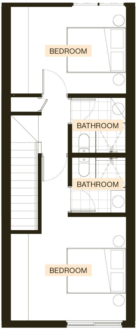 Second floor plan of an Enclave Type B townhouse with two bedrooms and two bathrooms