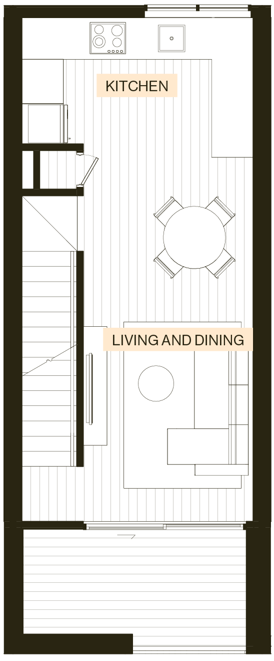 First floor plan of an Enclave Type B townhouse with kitchen, living and dining