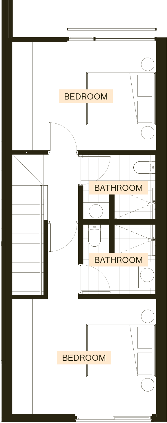 Second floor plan of an Enclave Type G townhouse with two bedrooms and two bathrooms