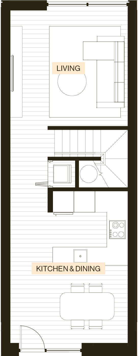 Ground floor plan of an Enclave Type H townhouse with living and kitchen-dining