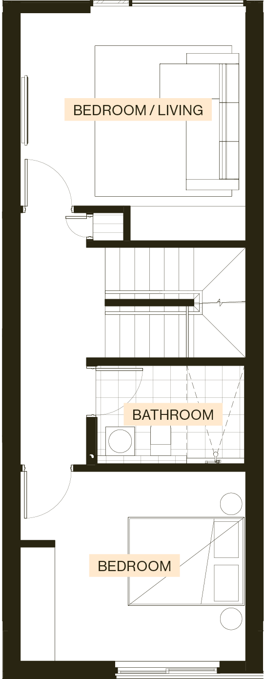 First floor plan of an Enclave Type H townhouse with two bedrooms and a bathroom