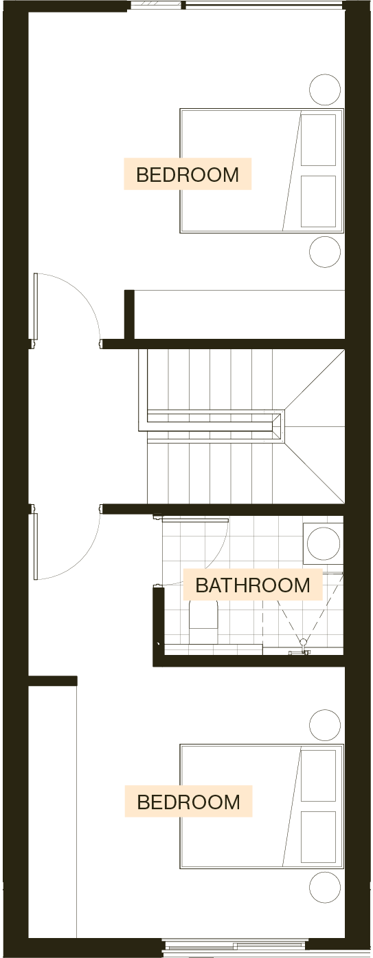 Second floor plan of an Enclave Type H townhouse with a bedroom or living room and a bedroom