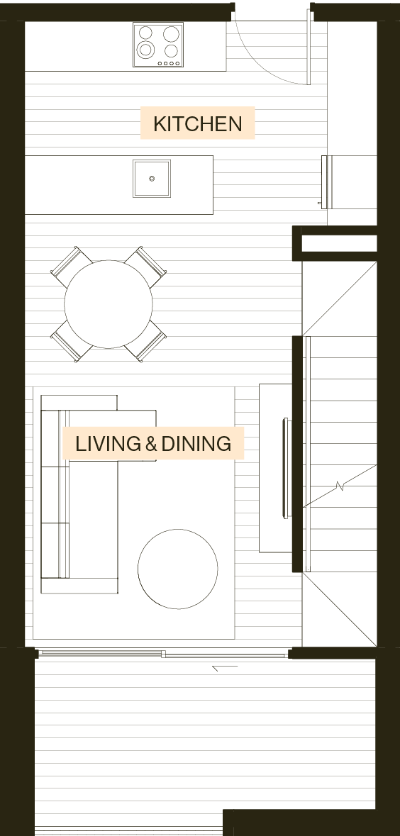 First floor plan of an Enclave Type I townhouse with kitchen, living and dining