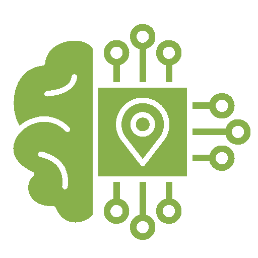 Green icon of a brain with a circuit board and location pin in the center, symbolizing artificial intelligence or machine learning.