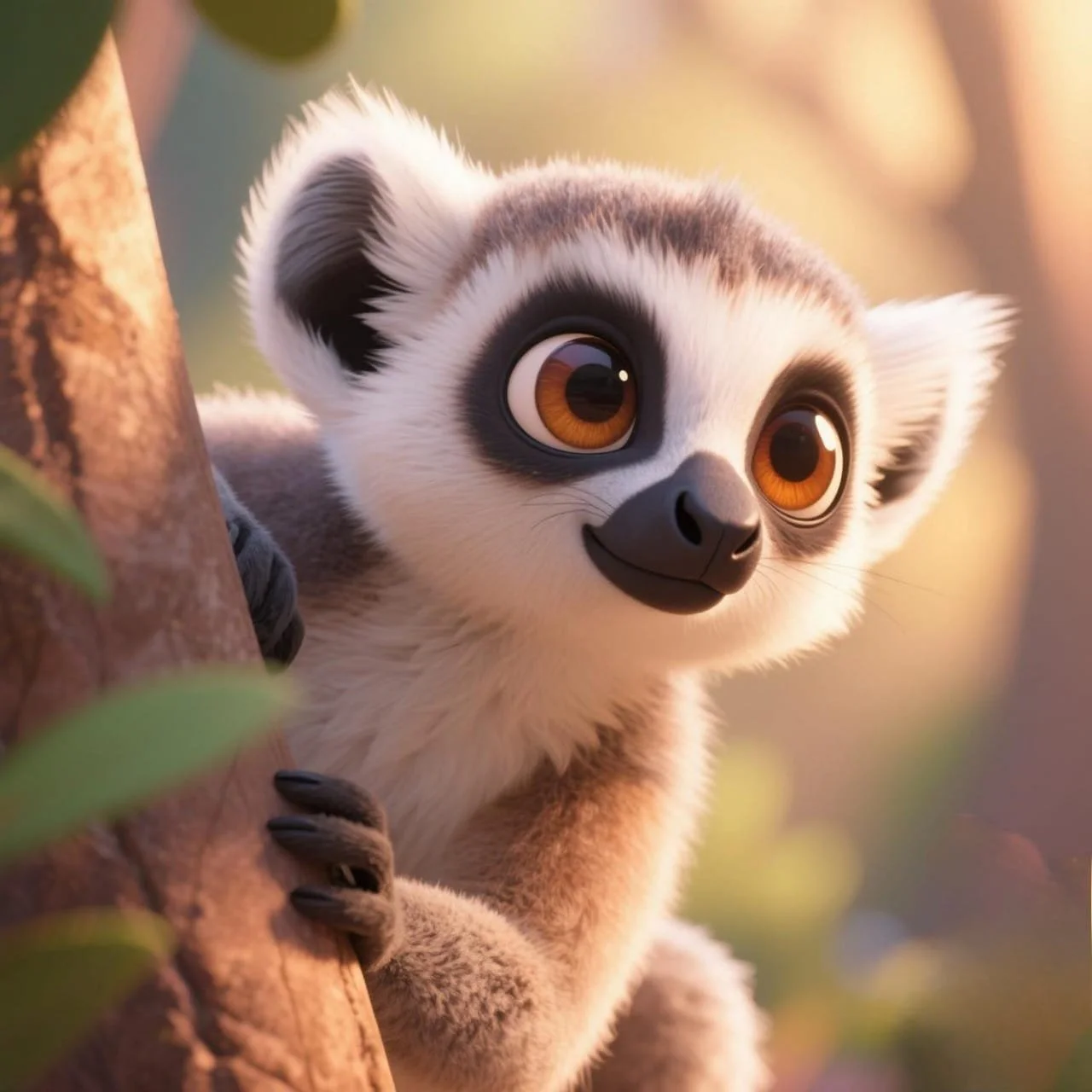 A cute animated lemur with large brown eyes, white face, and gray fur, peeking from behind a tree trunk in a natural setting with soft warm light.