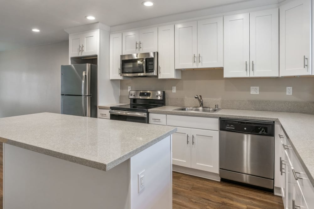 Kitchen with white cabinets and stainless steel appliances